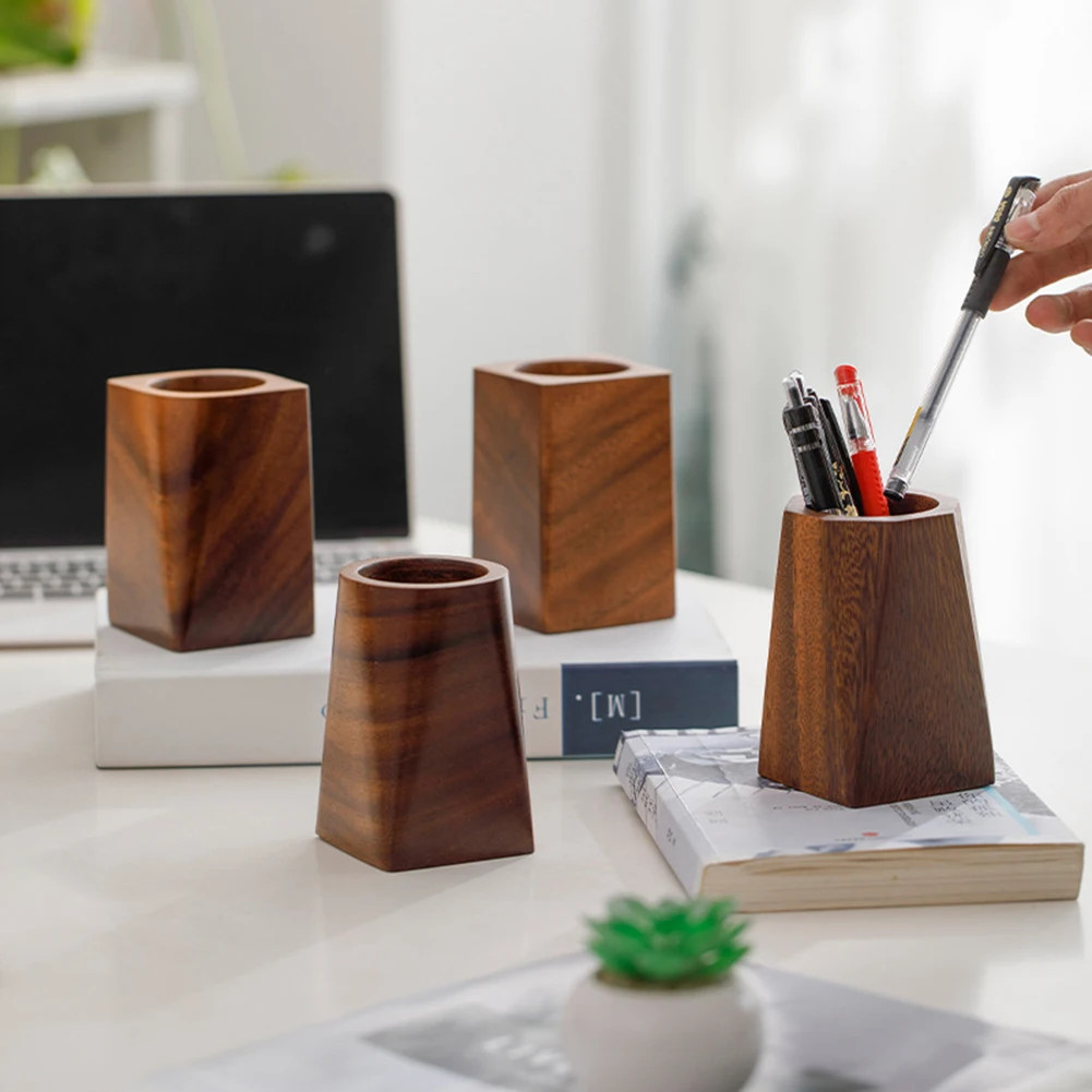 Vintage Walnut Wood Desktop Organizer and Pen Holder