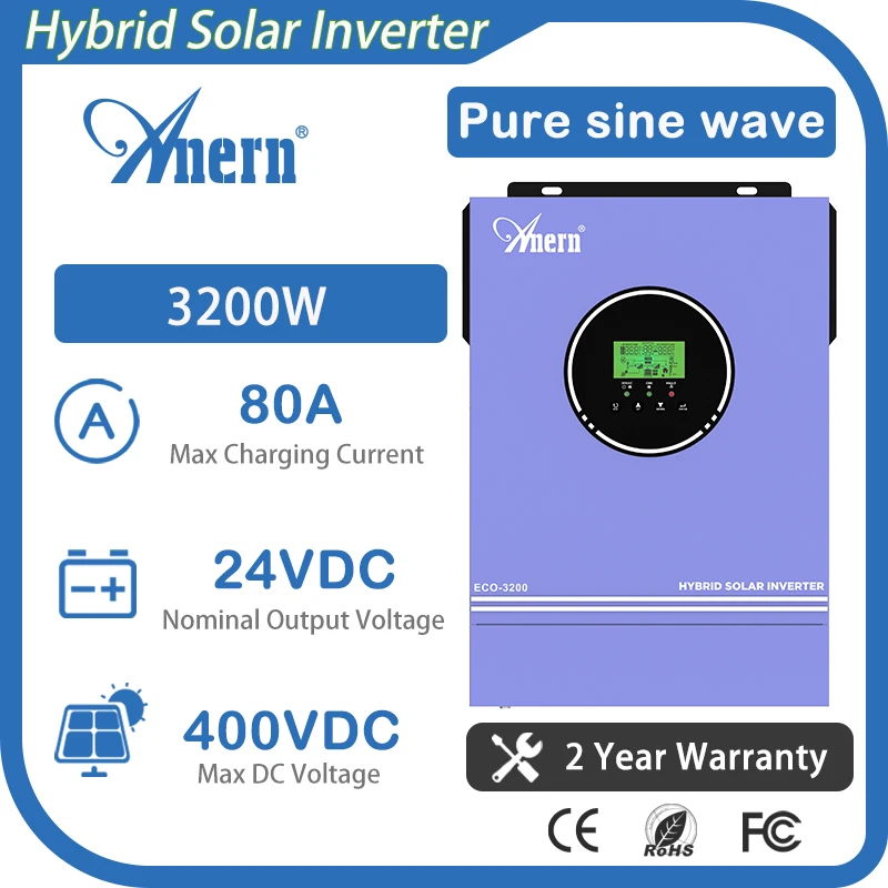 อินเวอร์เตอร์โซลาร์เซลล์ Anern 3600W 110V 3200W 230V 24V คลื่นไซน์บริสุทธิ์ พร้อมตัวควบคุมพลังงานแสงอาทิตย์ MPPT 80A 120A สำหรับบ้านแบบออฟกริดและรถบ้าน 1