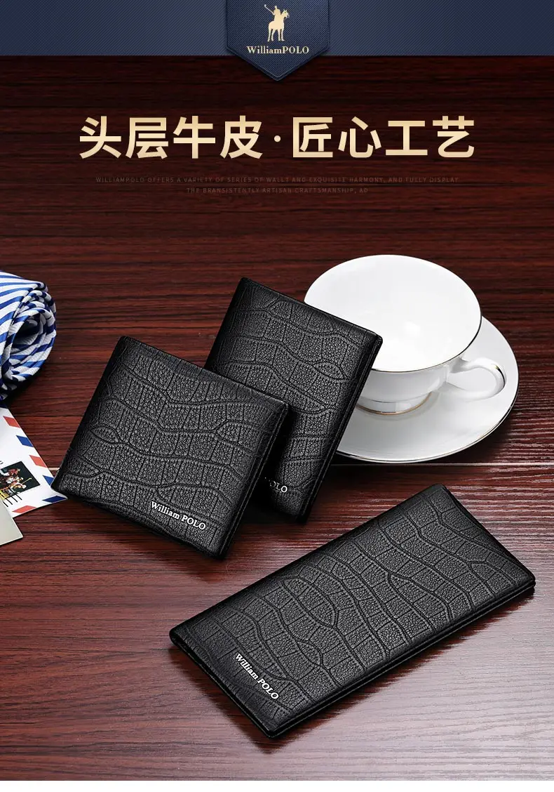 WILLIAMPOLO 100% Genuine Leather Wallet Men Crocodile Pattern Men Card Holder Wallet Real Cowhide Wallets For Man