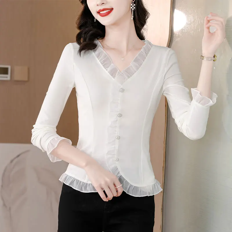 

2023 Elegant Slim Solid Color Fashion Ruffles Spliced Blouse Spring Autumn Korean Chic Pearl Button Female Clothing V-Neck Shirt