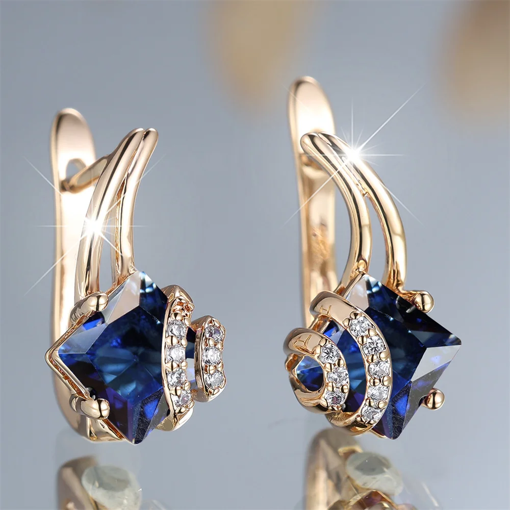 Square Stone Charm Blue Crystal Geometric Hoop Earrings For Women Vintage Gold Color Ear Buckle Wedding Jewelry Engagement Gifts