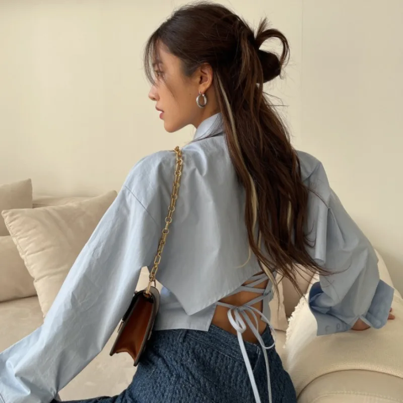 Korean Chic Spring New Design Sense Niche Temperament Back Tied Top Slim Fit Slimming Long Sleeves Shirt for Women