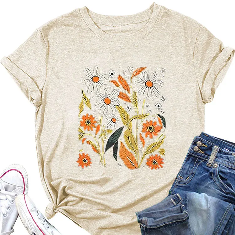 Summer loose crew-neck T-shirt floral print casual short-sleeved top