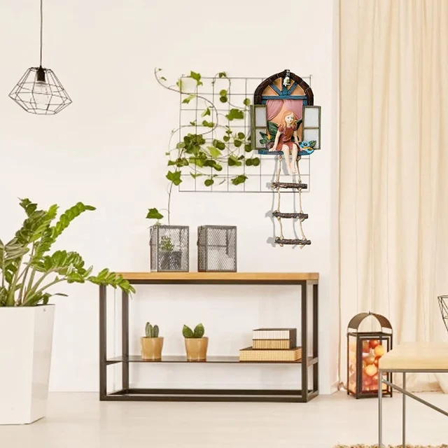 Tündér Ház Fa Függő Szobrászat Létra Gyanta Szobor Figura Kültéri Dísz Otthoni Kerti Udvari Művészeti Dekorációhoz - Image 4