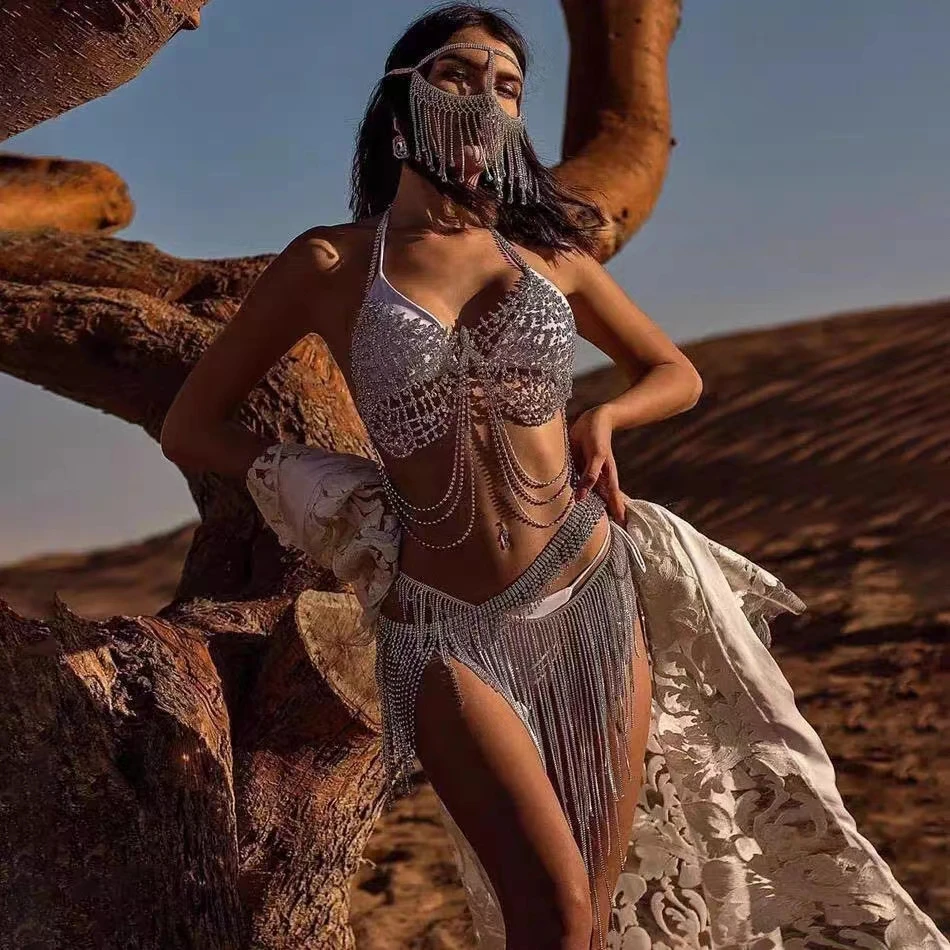 

Fashion Flash Diamond Body Chain Set Fashion Mesh Rhinestone Bra Tassel Underwear Stage Performance Accessories