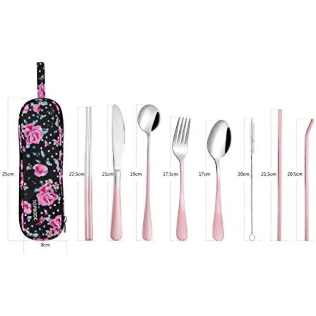 Set di utensili da viaggio – Posate portatili riutilizzabili con custodia per il trasporto per pranzo, campeggio, scuola e picnic 2
