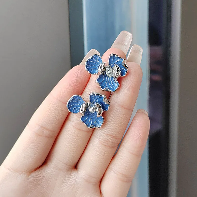 Simple Elegant Unique Blue Iris Flower Crystal Earrings For