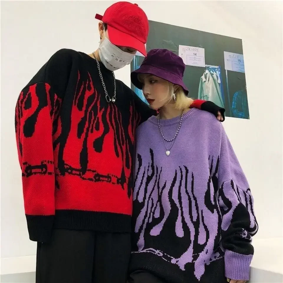 

Knitted Flame Jumper Sweaters Streetwear Casual Hip Hop Long Sleeve Cardigan Knitwear Sweater Spring Autumn Rock Unisex Tops