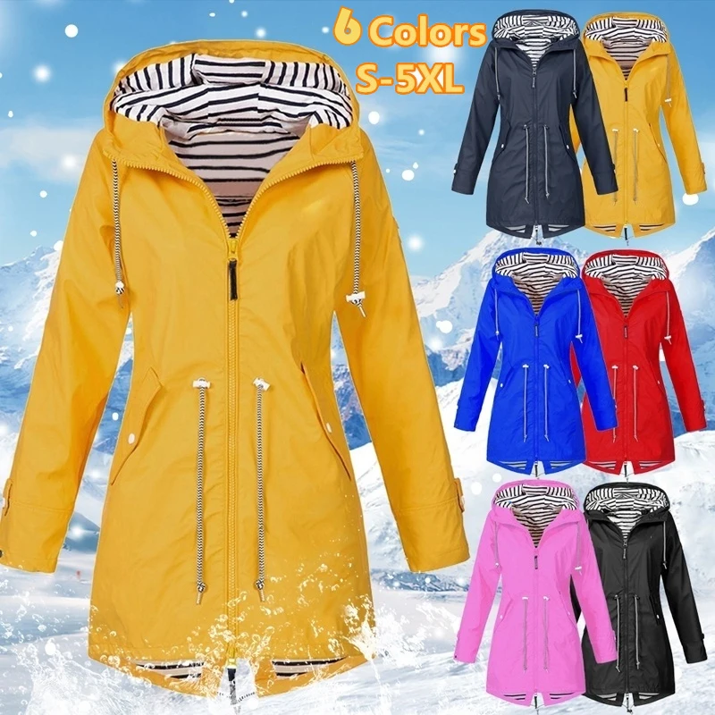 5 Colors Women Outdoor Waterproof Rain Jacket Casual Loose Hooded Windproof Windbreaker Climbing Coats For All Seasons
