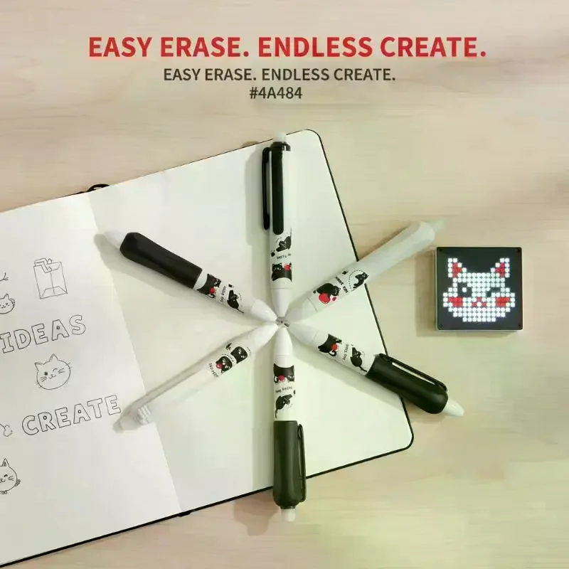 4PCS 푸시 버튼 지울 수 있는 펜, 검은색 새끼 고양이 디자인, 고품질 0.5mm 두께, 초등학생에게 적합