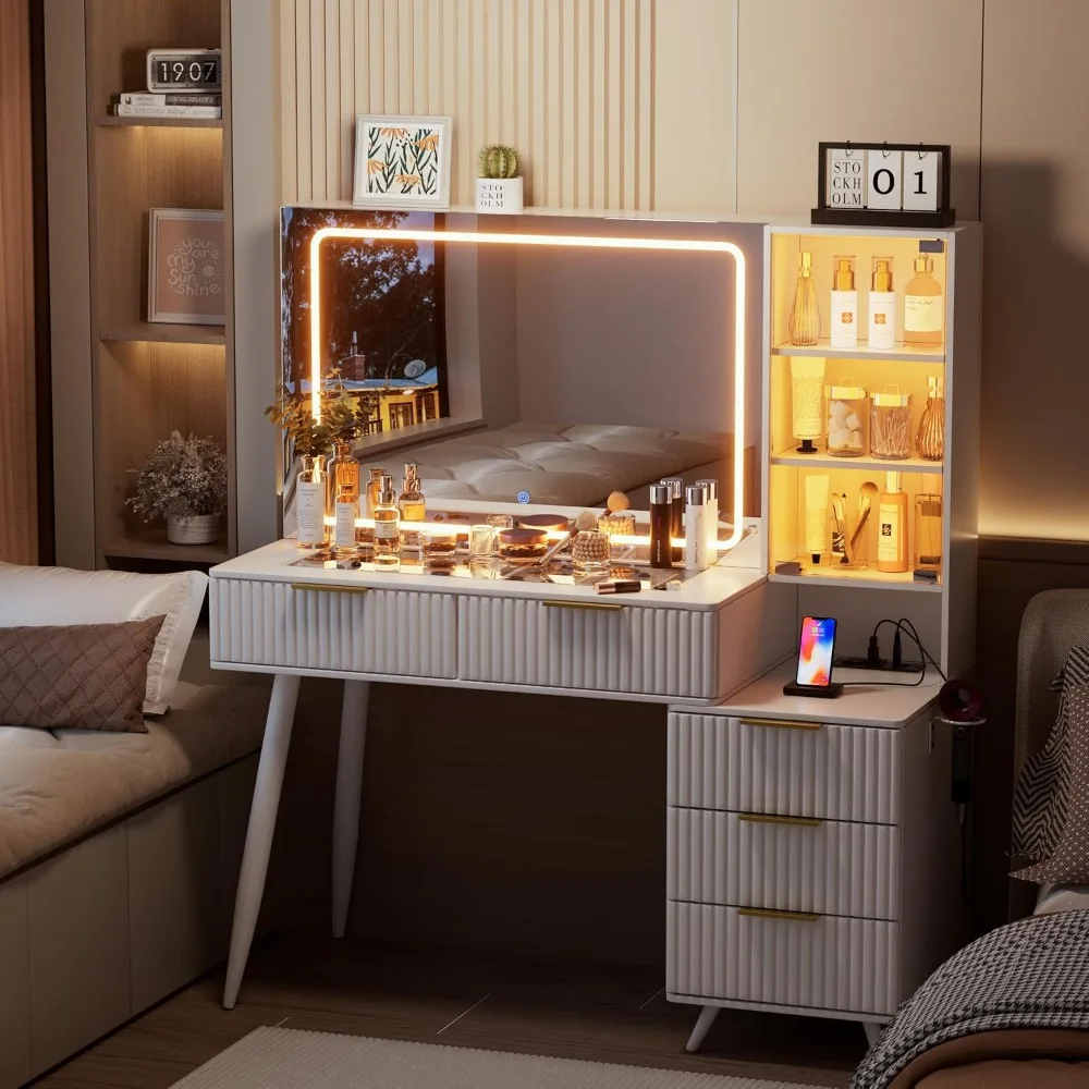 Makeup Vanity Desk ,with Mirror and Lights & Charging Station, Modern Glass Top Big Vanitys Table with 5 Drawers, Vanity Desk 3