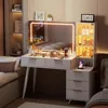 Makeup Vanity Desk ,with Mirror and Lights & Charging Station, Modern Glass Top Big Vanitys Table with 5 Drawers, Vanity Desk 3