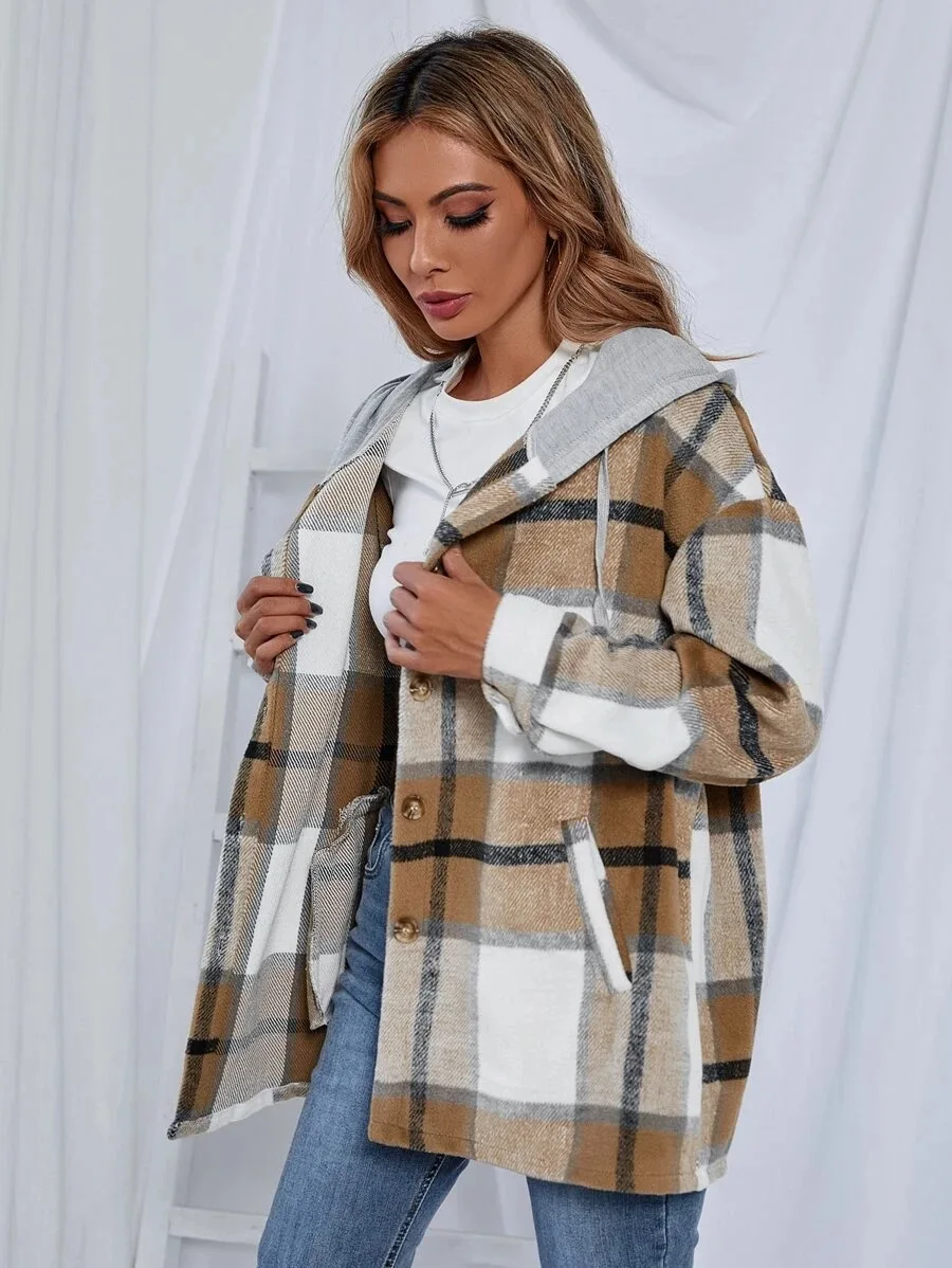 Women Hooded Plaid Jacket Vintage Casual Coats and Jackets Button Shirt Lace-up Patchwork Womens Outerwear Long Sleeve Tops