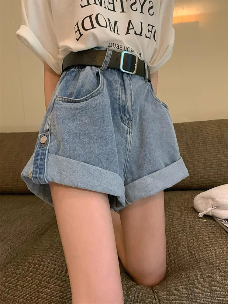 Casual Edge Curl Women's Denim Shorts A-line High Waist Loose Wide Leg A-line Shorts Pants Vintage Female Jean Shorts Summer