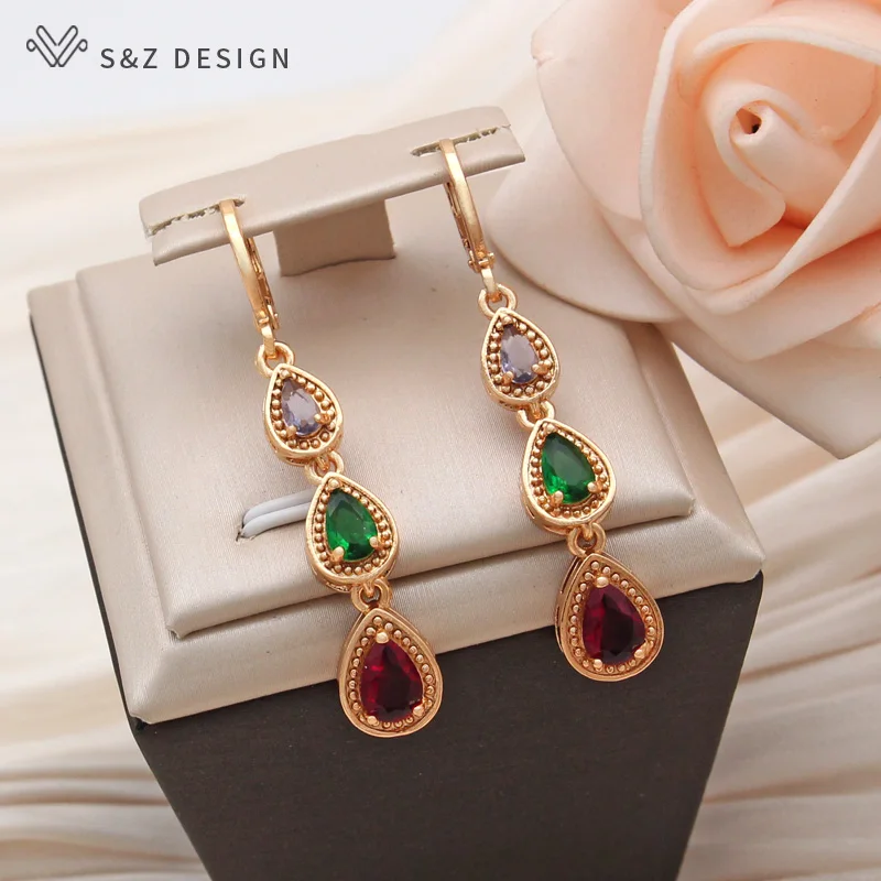 S&Z DESIGN New Fashion Colorful Water Drop Cubic Zirconia Dangle Earrings Jewelry Sets For Women Party Pendant Necklace Gift
