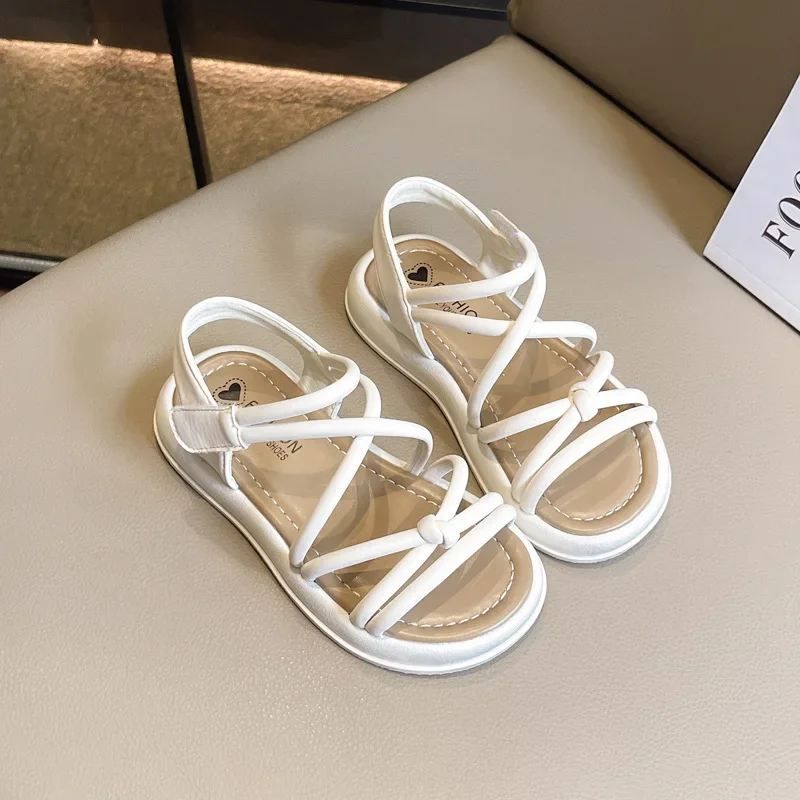 Girls Summer Open Toe Cross Tie Sandals Black Beige Kids School