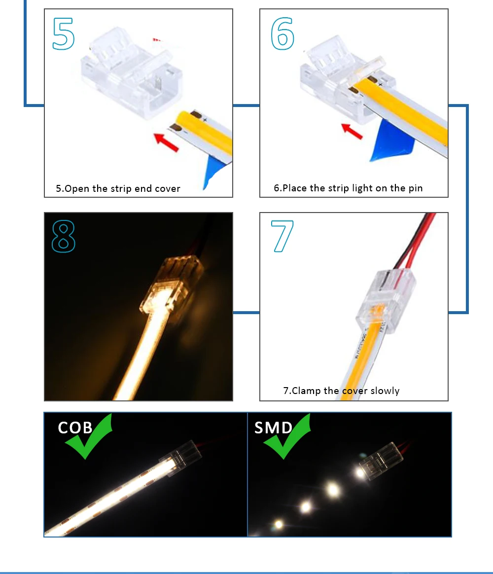 LED-Streifen-Anschluss, 2-polig, 8 mm, 10 mm, PCB-Schnelldraht-Eckverbinder, schweißfrei, für flexible LED-Streifenlichter 2835 5050 SMD COB – Detail 7