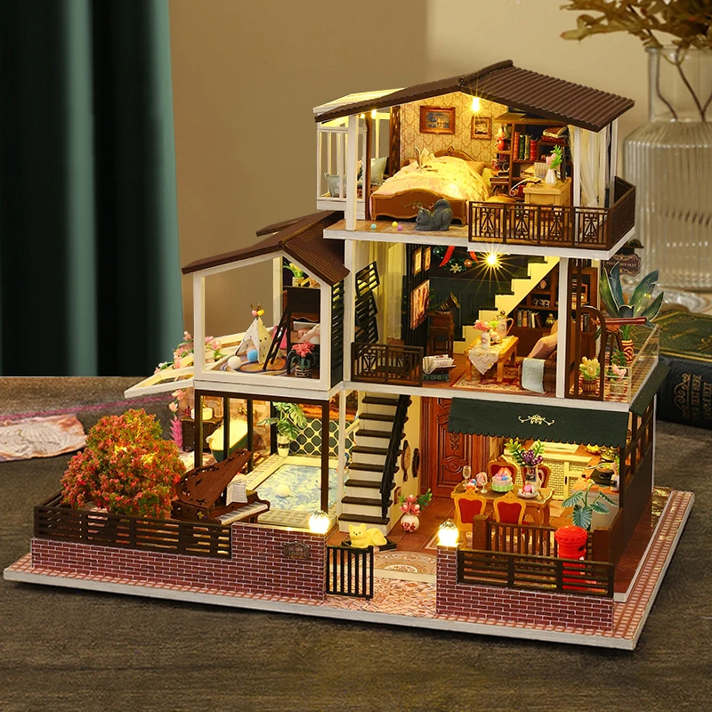 

Diy Wooden Doll Houses Miniature Building Kits With Furniture Light Assembly Romantic Big Casa Dollhouse Toys For Girls Gifts