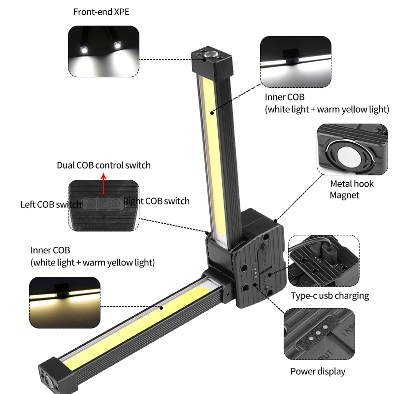 Portable XPE COB LED 90&deg; Folding Work Light USB Rechargeable Mini Magnet Hook Lights Bar Outdoor Camping Lamp Torch Flashlight