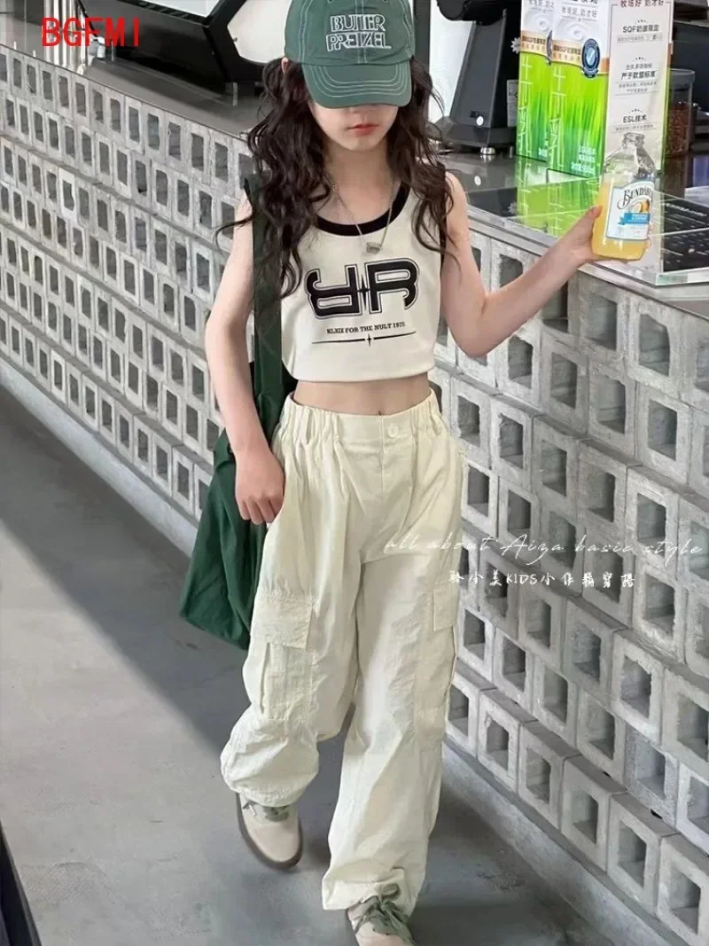 Korean Children's Clothing Pants Girl Summer Solid Color Sports Trousers Casual Cargo Pants New Thin Bottom Part for teenagers