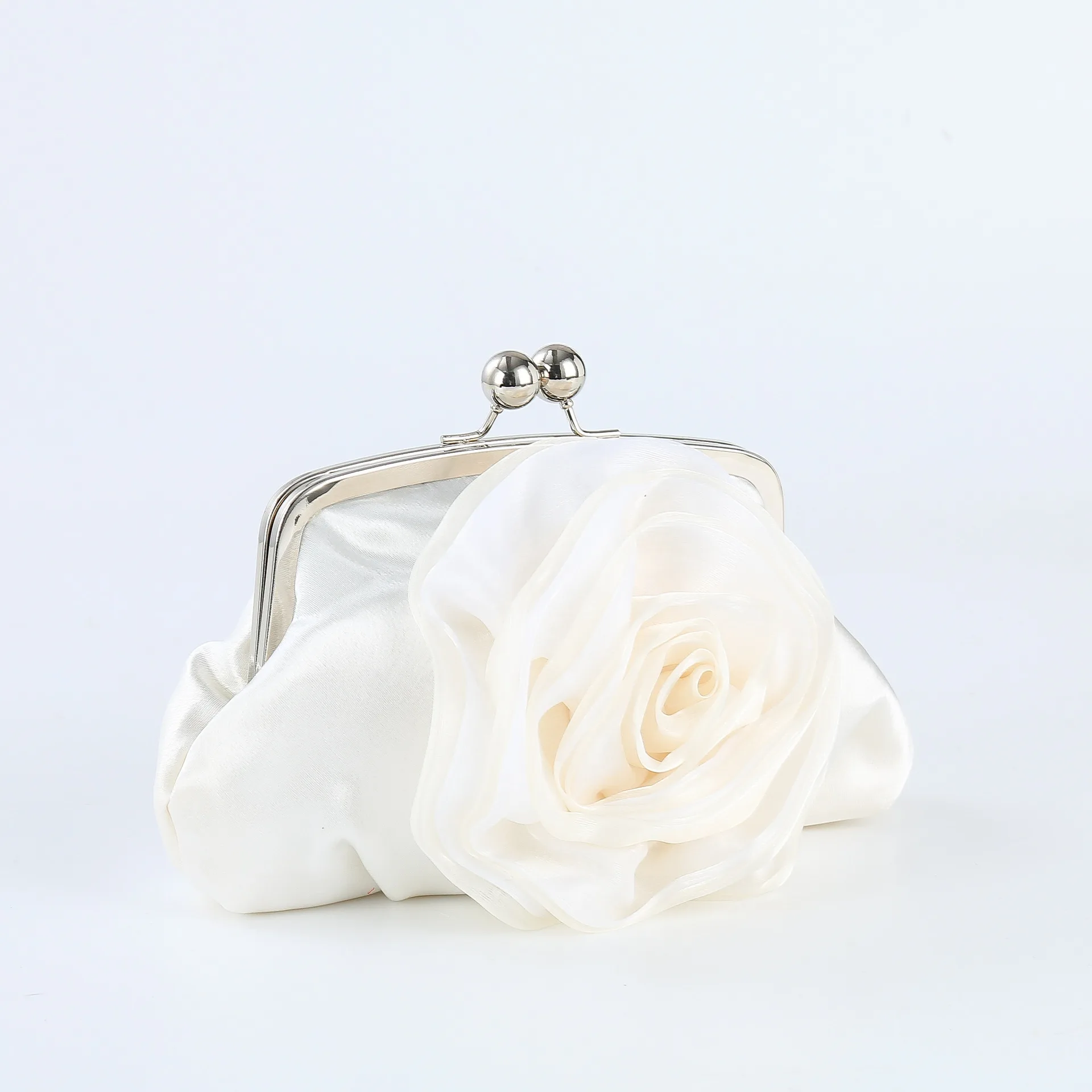 Elegant Silk Flower Small Clutches Solid White Apricot Black Color Handbags For Women Wedding Party Bridal Clutch Shoulder Bag