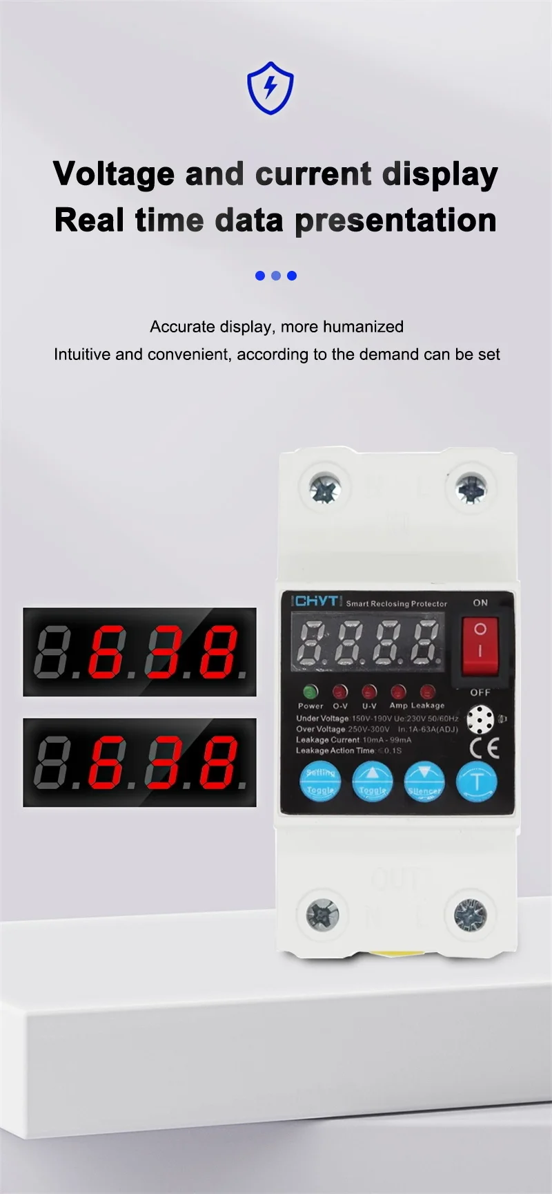 sobre sob o Protetor de Tensão Auto Recuperação Reclosing Terra Vazamento Disjuntor 63a Atual Ajustável Display Digital Rcbo Computers & Electronics