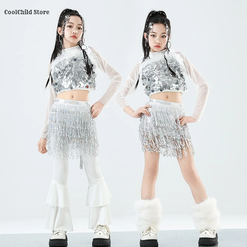 Hio Hop Girls Silver Sequin Crop Top Bootcut Pants Dance skirts