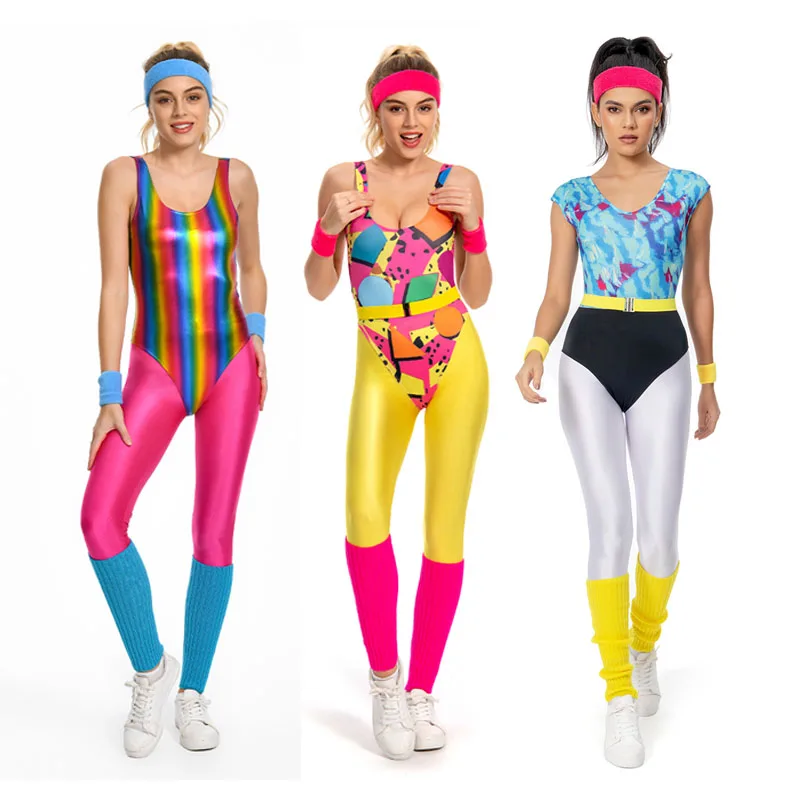

6Pcs/Set 80s 90s Legging Cosplay Retro Costume For Adult Women Sportwear Headband Outfits Halloween Carnival Disguise Suit