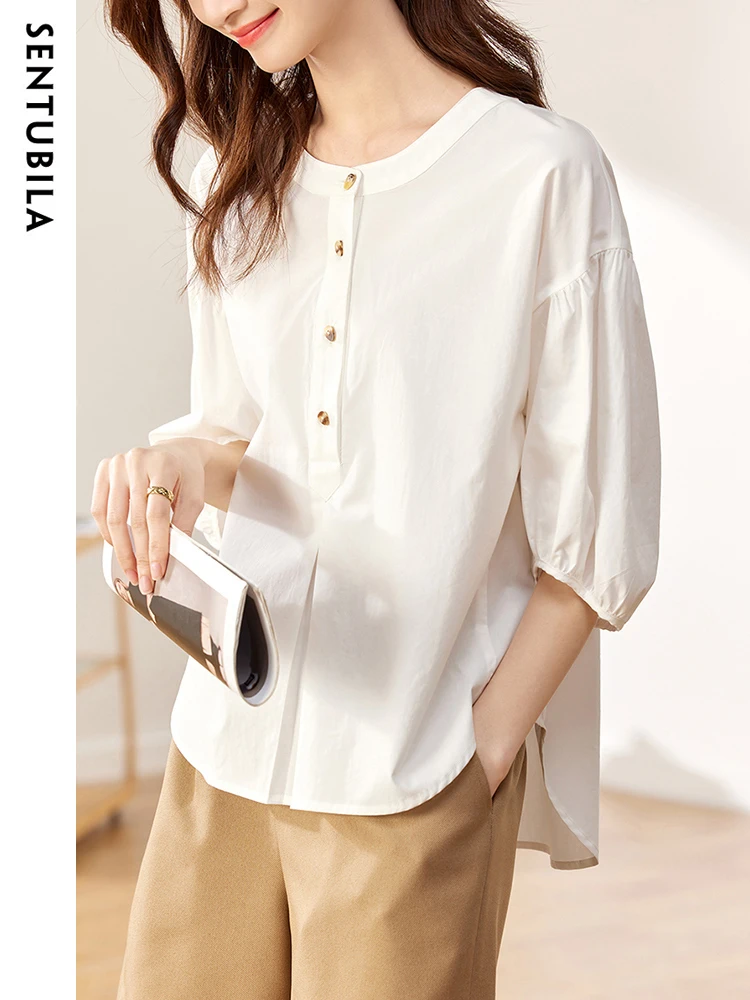 

Sentubila Casual Solid Three Quarter Sleeves Shirts for Women 2023 Fashion O-Neck Lantern Sleeves Women Summer Loose Shirts