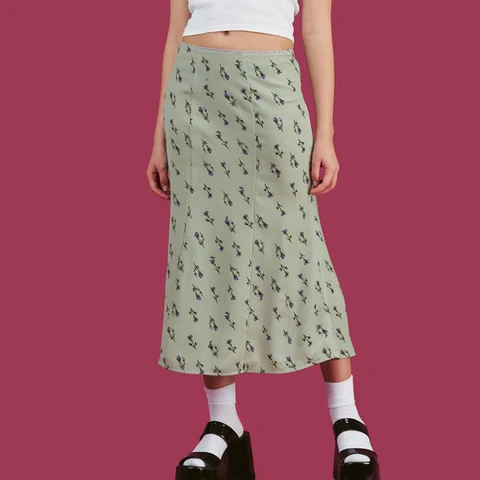 Floral Print Plaid High Waist Midi Skirt Women Sexy Streetwear Elastic Harajuku Vintage Y2K Black Trumpet Long Skirts