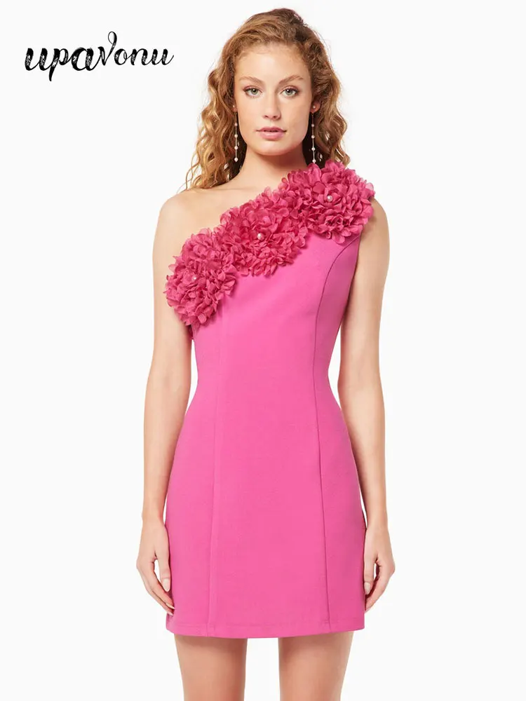 

Sexy Women 3D Flower Design Mini Dress Diagonal Neck One Shoulder Sleeve Bodycon Mini Dress Fashion Evening Party Dress Vestidos