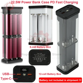 6/12*18650 Custodia per banca di potere 22,5 W Ricarica rapida Scatola di immagazzinaggio batteria LED completamente trasparente Tipo C USB PD Kit di shell di alimentazione mobile