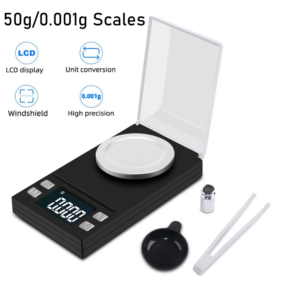 Electronic Scales 50g/0.001g LCD Digital Scale Jewelry Medicinal Herbs Portable Lab Weight Milligram Scale with Blue Backlight