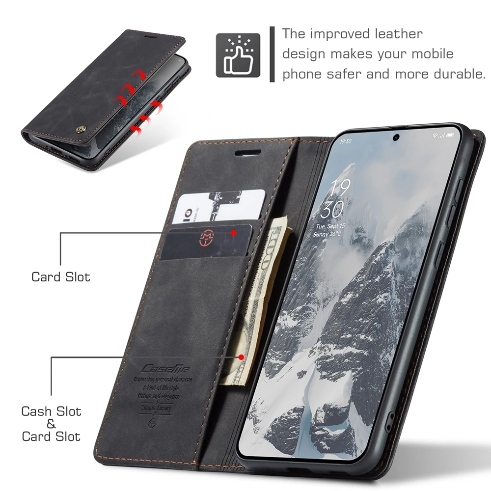Vintage Leather Flip Wallet Case with Kickstand - Shockproof Anti-Fall Phone Cover with Card and Cash Pocket