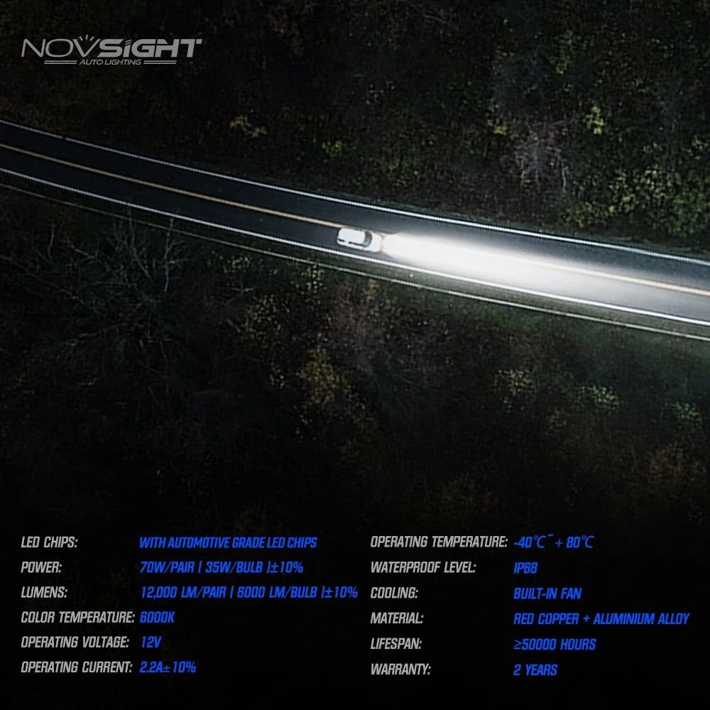 NOVSIGHT LED H4 Car Lights 9003 HB2 Hi/Lo Car Headlight Bulbs Mini Car 1:1 Design 70W 12000LM 6000K 12V Plug and Play Auto Lamp