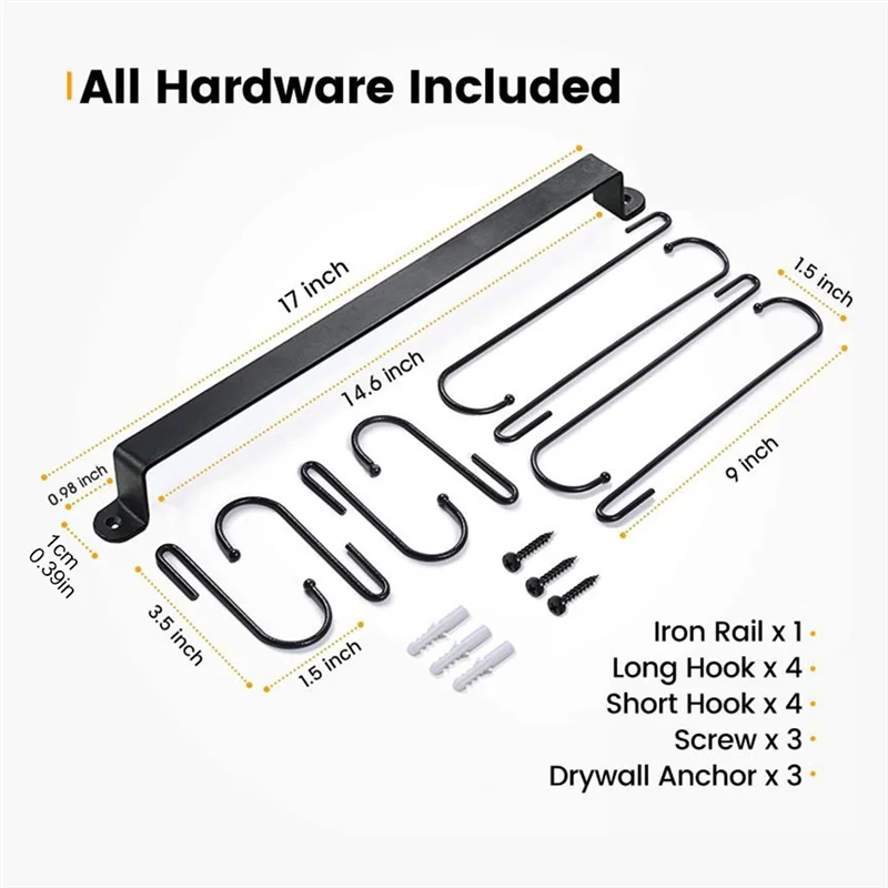Coffee Mug Holder for Wall: 17-Inch Black Coffee Bar Cup Hanger Hooks-Hanging Cup Rack Storage Organizer 2Pcs