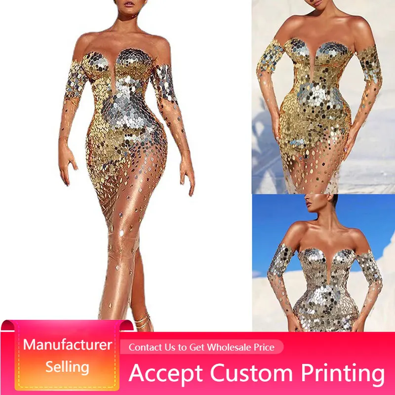 

Evening Dress Elegant One Shoulder Sleeveless Sequined Mesh Temperament Sexy Long Dress Women Bodycon Party Formal Dress