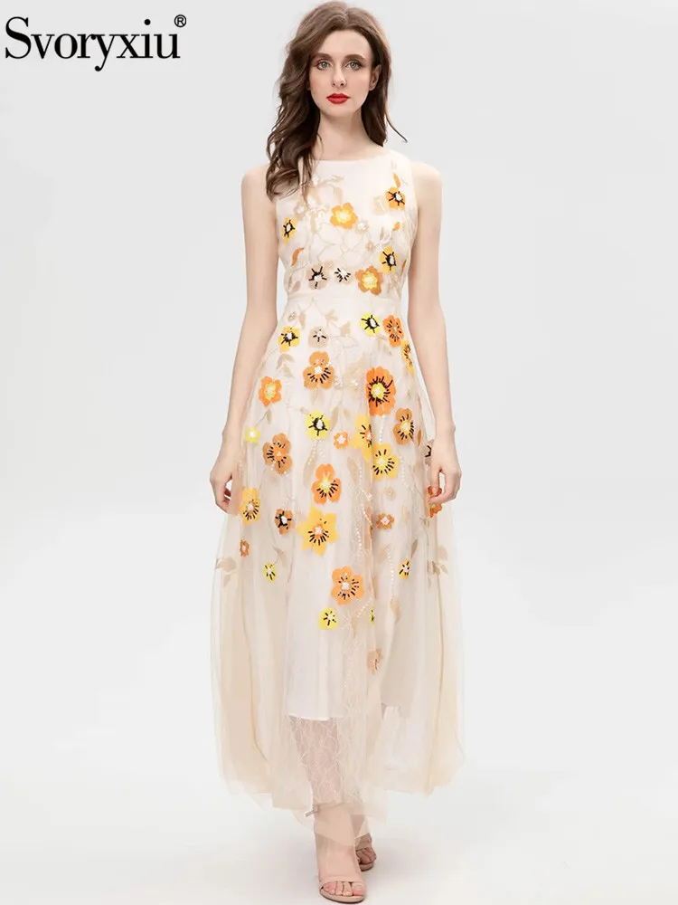 

Женское платье в пол без рукавов Svoryxiu, разноцветное ТРАПЕЦИЕВИДНОЕ ПЛАТЬЕ с круглым вырезом, высокой талией и цветочной вышивкой на лето 2019