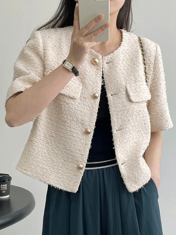 새로운 럭셔리 모직 트위드 재킷, 여성 활주로 짧은 소매 프랑스 스타일 짧은 코트 외투 한국 패션