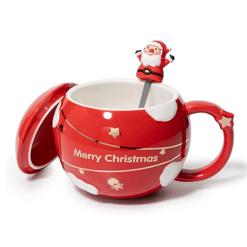 Creative cartoon Santa Claus spherical water cup with lid spoon mug Blue/Red household large-capacity ceramic cup Christmas cups
