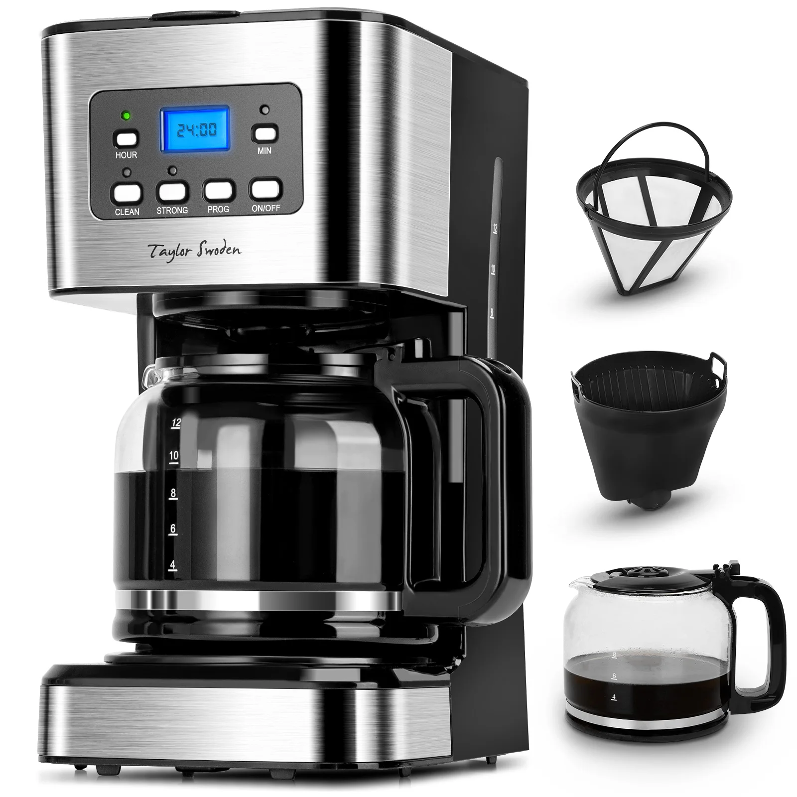 Taylor Swoden Darcy 950W Cafetière capacité 1,5 L 12 tasses avec filtre réutilisable et base de maintien au chaud, système d'égouttage, minuterie et BPA