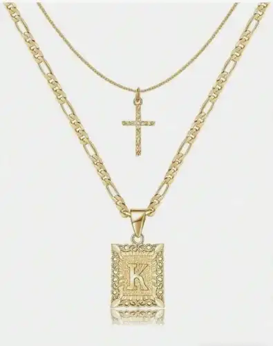 Letter Necklace Layered Initial Cross Necklace, Layering Square Letter Pendant Figaro Chain Cross Choker  for Women Girls
﻿ - Image 19
