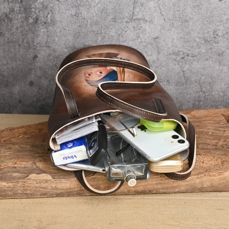 MOTAORA Retro Hand-printed Women's Bag For Women Genuine Leather Bucket Handbags Long Handle Lady Luxury Designer Shoulder Bags