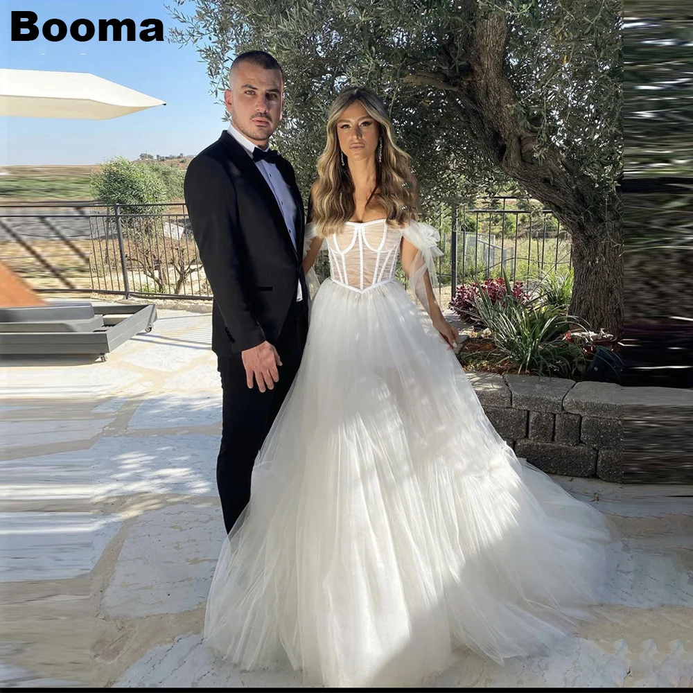 

Booma Sexy Boho A Line Wedding Dresses Off Shoulder Soft Tulle Floor Length Bridal Gowns Princess Wedding Party Vestido de novia