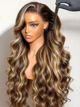 34 Inch Colored Highlight Human Hair Wigs Brazilian Body Wave Lace Front Wigs For Women 13x4 HD Transparent Lace Frontal Wigs 1