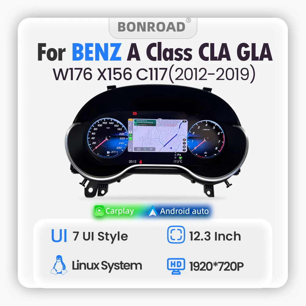BONROAD Panel de Instrumentos Digital LCD de 12.3" 1920*720P con CarPlay Inalámbrico y Android Auto para Mercedes-Benz Clase A W176 CLA C177 GLA X156 2012-2019, Velocímetro, Navegación, Compatible con HDMI 1