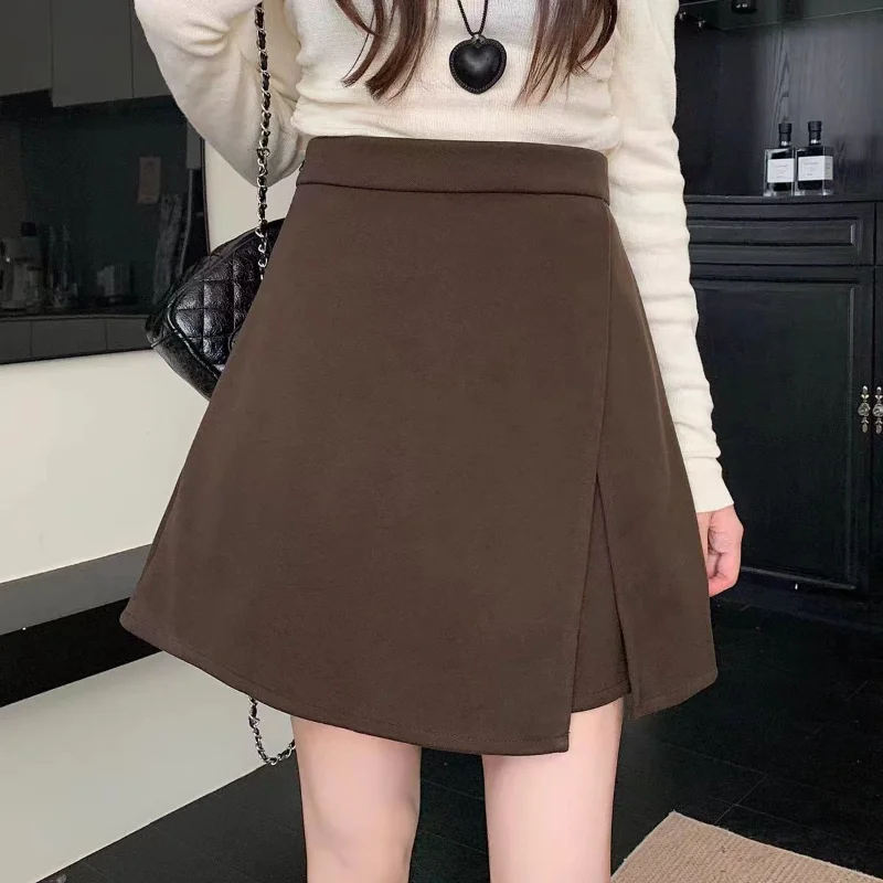 New Chic Design Small Slit Skirt Pants Casual Autumn and Winter Woolen High Waist Slimming A-line All Match Shorts 5
