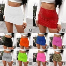 

Women Bright PU Leather Comfort High Waist Mini Pencil Skirt Party PU Leather Latex Fabric Zip Sexy Shiny Wet Look Skirt