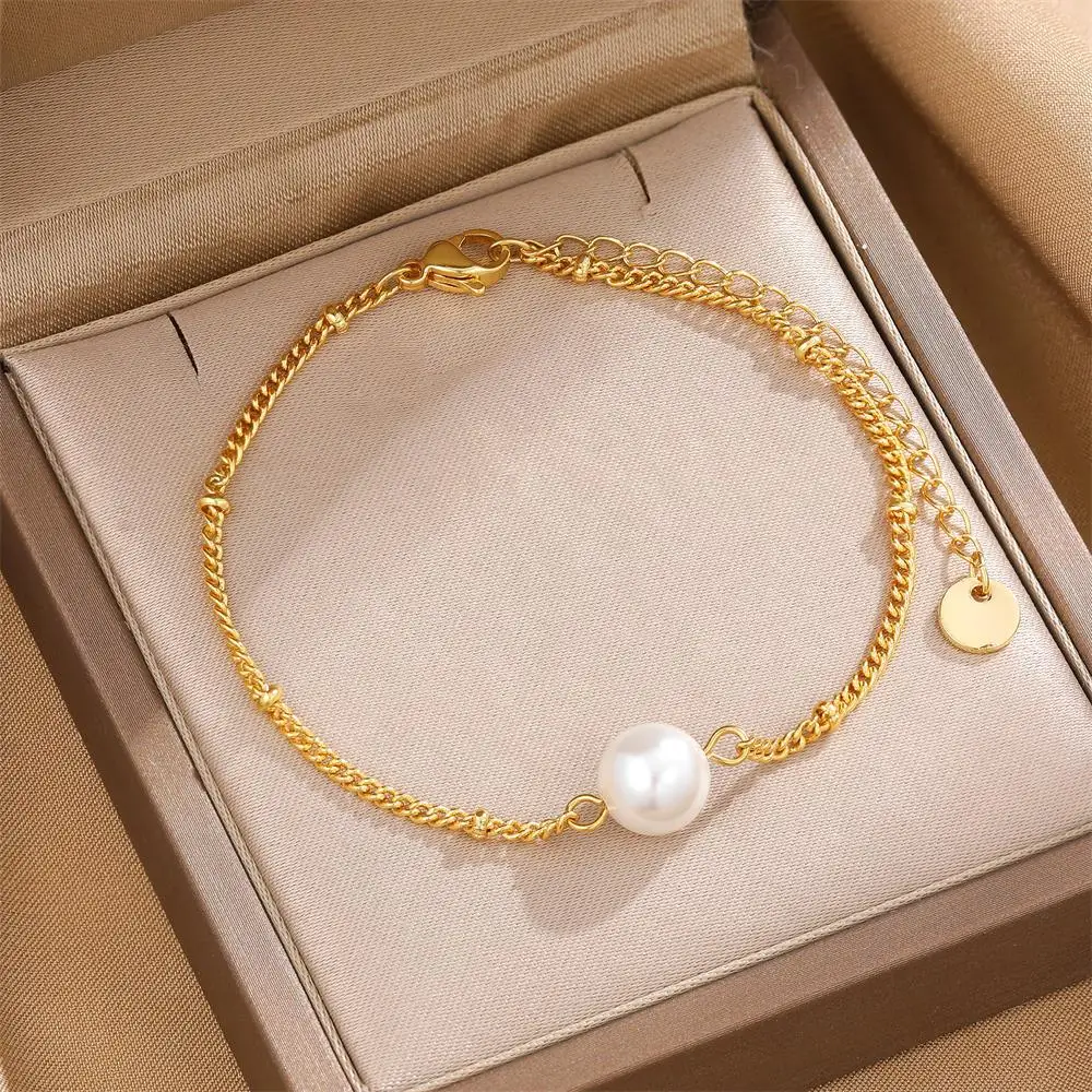 New Minimalist Single Imitation Pearl Bracelet Stainless Steel Hypoallergenic Chain Bead Bracelets Elegant Jewelry Gift for Her