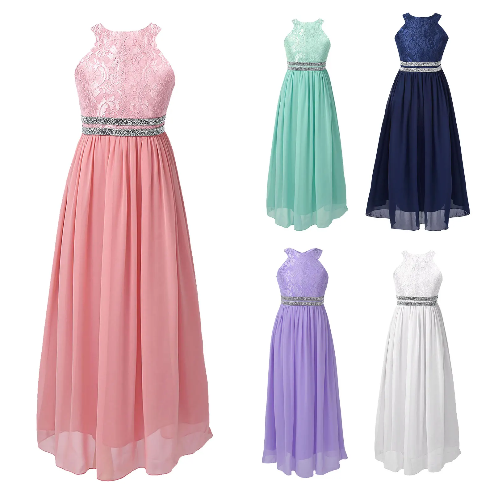 Girls Dress Teen Girls Sleeveless Sequined Floral Lace Shiny Dress Vestido de festa Wedding Formal Birthday Party Summer